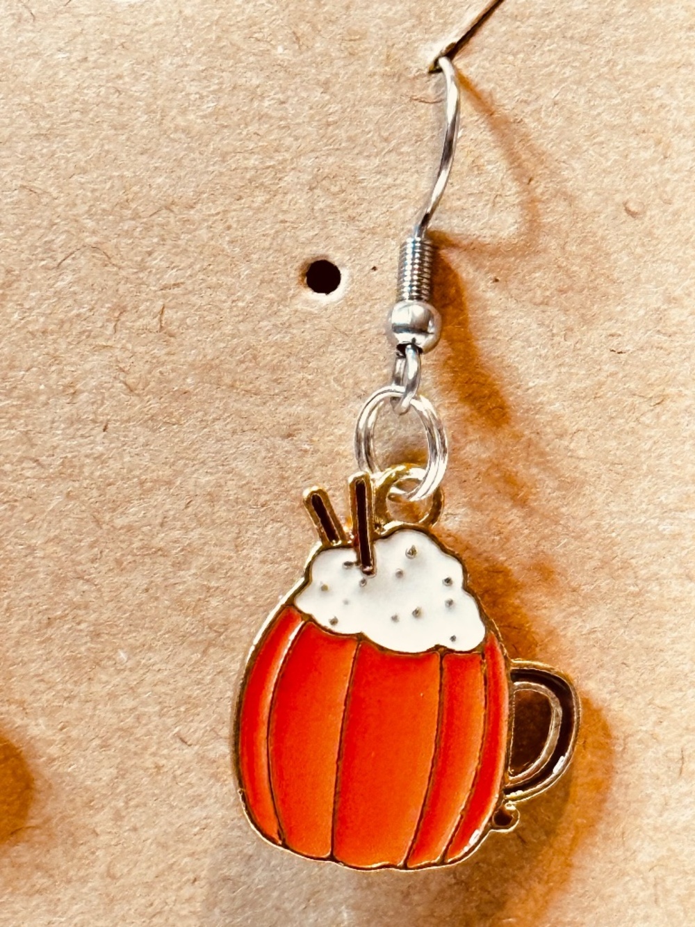 Handmade Pumpkin Spice Latte Earrings Fall Coffee Enamel Stainless Steel Dangles - Picture 2 of 6